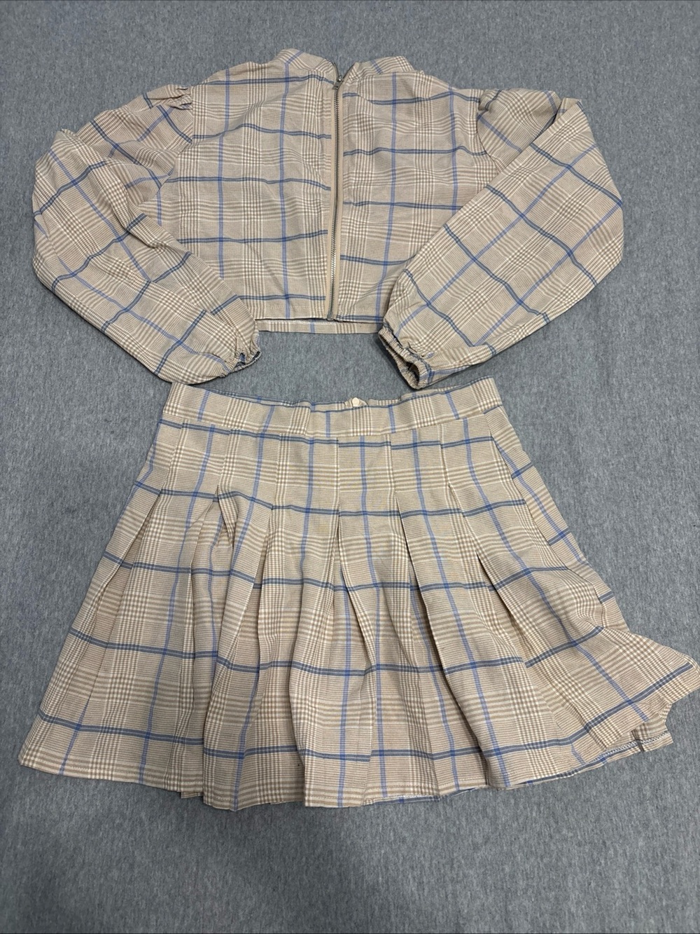 SHEIN Beige and Light Blue Plaid Two-Piece Set